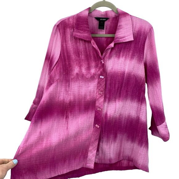 Ali Miles Dip Dye Pink Crinkle Knit Button up Top Women size Small 3/4 Sleeves - Picture 1 of 9
